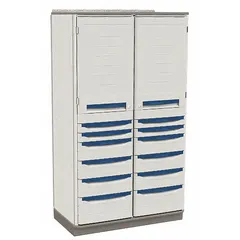 This assembled antimicrobial plastic cabinet from METRO features 2 doors, 12 drawers, and 6 adjustable shelves in a Light Taupe finish. Designed for organized storage in clinical or facility environments, it helps maintain cleanliness and inventory control.