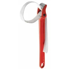 Strap wrench with a 36 in nylon strap and 1 in width, paired with a 13 in aluminum handle. Designed for gripping and turning smooth or delicate cylindrical objects up to 8 1/2 in outside diameter without causing surface damage. Suitable for plumbing, automotive, and general industrial tasks where a standard pipe wrench may mar finishes.