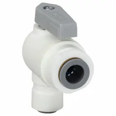 This Parker ball valve features a one-piece polypropylene angle body with push x push connections and a lever handle. It is used for manual two-way flow control in low-pressure fluid systems, suitable for compact piping layouts in industrial fluid handling.