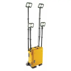 This wheeled-cart remote area light from PELICAN delivers 24,000 lumens maximum brightness with a single brightness level. It operates on 12V DC power and has an IP54 rating for protection against dust and water splashes. The yellow frame and wheeled cart provide mobility for use in construction sites, emergency response, and outdoor industrial work areas.