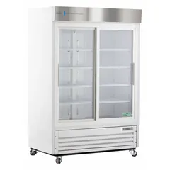 General purpose upright lab refrigerator with 47 cu ft capacity, white exterior, and sliding glass door. Maintains temperature range of 1°C to 10°C using R-290 refrigerant. Features a temperature alarm. Overall depth 33 1/4 in. Suitable for storage of temperature-sensitive laboratory materials.
