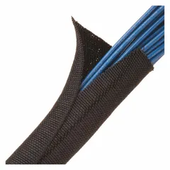Self-wrap cable sleeving with 3/4 in inside diameter, 10 ft length, made of fiberglass in black. Rated for continuous operation from -94°F to 257°F. Used to bundle and protect wires and cables from abrasion, heat, and moisture in industrial machinery, control panels, and automation systems.
