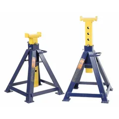 This heavy-duty jack stand has a 10-ton load capacity and a maximum extended height of 31 1/2 inches. It features a square steel base and a rectangular saddle, with pin adjustment for height setting. Constructed from steel, it is suitable for supporting vehicles, machinery, or industrial equipment during maintenance or storage.