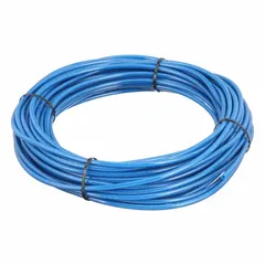 Metric polyurethane tubing with 5 mm inner diameter and 8 mm outer diameter, supplied in a 100 ft length. Blue in color with Shore A 90 to 95 hardness. Rated for maximum operating pressure of 190 psi at 180°F. Suitable for pneumatic systems, fluid transfer, and instrumentation lines in industrial automation and material handling.