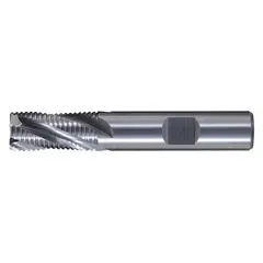 Square carbide roughing end mill with 4 flutes and fine pitch geometry. Mill diameter 1/2", length of cut 1", overall length 3". Designed for aggressive material removal in ferrous metals during milling operations.