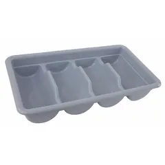 Gray plastic drawer organizer with four compartments for separating cutlery, utensils, or small tools. Measures 20 inches long, 11-1/4 inches wide, and 3-3/4 inches high. Fits standard kitchen or utility drawers to keep contents tidy and accessible.