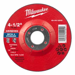 This MILWAUKEE grinding wheel is a Type 27 general purpose wheel for carbon and stainless steel. It measures 4 1/2" x 1/4" x 7/8" and uses 30 grit aluminum oxide abrasive. Suitable for grinding, blending, and finishing metal surfaces in fabrication, welding, and maintenance tasks.