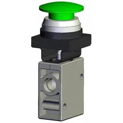 Manual air control valve with green mushroom button actuator, 2 ports, and 1/4 in NPT connections. Used for on/off control of pneumatic flow in industrial automation, packaging, and material handling systems.