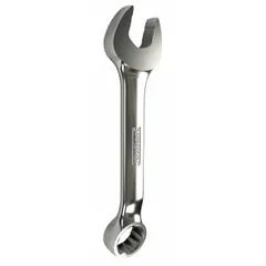 Chrome-finished alloy steel combination wrench with a 16 mm 12-point offset head. Overall length of 4 7/8 in. Used for tightening and loosening fasteners in industrial maintenance, automotive repair, and machinery assembly.