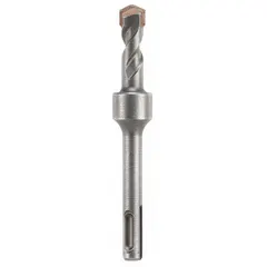 This SDS-Plus stop bit is designed for drilling precise, repeatable-depth holes in masonry, concrete, and brick. The built-in stop collar prevents over-drilling, making it suitable for anchor installations and through-hole applications. It has a maximum drilling depth of 1 11/16 in and an overall length of 1 11/16 in.