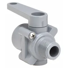 This 1/2 in PVC ball valve features a straight body with full port design for minimal pressure drop. It has male NPT x female NPT end connections and a lever handle for manual on/off flow control. Suitable for water, chemical, and low-pressure fluid systems requiring corrosion resistance.