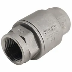 This stainless steel inline piston check valve features a 3 in pipe size with FNPT x FNPT female NPT connections. The inline valve body design allows for compact installation in piping systems, preventing reverse flow in water, oil, and gas applications.