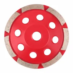 This single-row diamond segment cup grinding wheel is designed for heavy-duty grinding and shaping of concrete, masonry, and stone surfaces. With a 4" diameter, 5/8"-11 arbor, and 7 segments, it is suitable for use with angle grinders in construction, renovation, and surface preparation applications.
