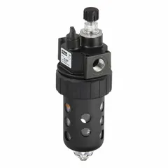 This Parker mist-type lubricator injects a fine oil mist into compressed air lines to lubricate pneumatic tools, cylinders, and valves. It features a zinc body, plastic bowl, 3/8 in NPT ports, maximum operating pressure of 150 psi, and flow capacity of 90 cfm.