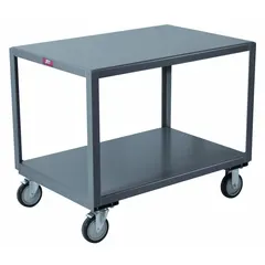 Fully assembled steel-top mobile worktable with a fixed height, 60 x 30 in work surface, and 1400 lb overall load capacity. Features a welded-only frame, powder-coated top, and phenolic casters with plate mounts for mobility. Includes 20 in clearance between shelves. Suitable for assembly, maintenance, and inspection tasks in industrial work areas.