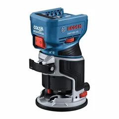 This BOSCH cordless router is a bare tool with a plunge base, delivering 1.39 hp at 30,000 RPM. It accepts a 1/4 in collet and features a palm-grip design. Suitable for woodworking tasks such as trimming, edge profiling, and joinery in cabinetry and furniture making.