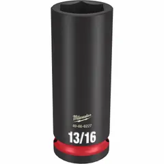 This 1/2" drive deep impact socket is SAE sized at 13/16" with a 6-point configuration. The deep design allows access to recessed fasteners, while the friction retention helps secure the socket on the anvil. It is suited for heavy-duty fastening and loosening tasks with impact wrenches in automotive repair, construction, and industrial maintenance.