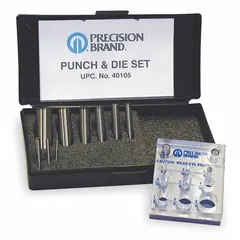 This round punch and die set is made from tool steel. The punch size is 3/16 inch. It is used for creating holes in sheet metal, plastics, and other materials in industrial fabrication and maintenance applications.