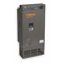The FUJI ELECTRIC FRENIC Mega is a variable frequency drive with three-phase output, rated at 900 hp. It features a compact, heat sink style enclosure in black/blue/gray and operates without bypass. This drive is used to control the speed of three-phase AC motors in applications such as pumps, fans, conveyors, and compressors. A manual is included for setup and operation.