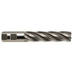 Cobalt roughing end mill with 1-1/2" diameter, 4" length of cut, and 6-1/2" overall length. Features 6 flutes and coarse pitch design for high material removal rates in roughing operations on steel, stainless steel, and cast iron.