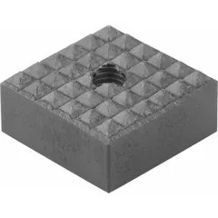 Square gripper pad with a tapped through-hole for secure clamping and positioning in workholding and automation. Fine surface texture provides grip for precision machining and assembly. Black oxide finish. Face width 25 mm, overall height 10 mm, thread M6.