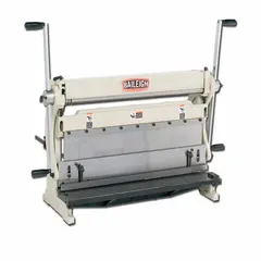 Manual combination machine for shearing, braking, and rolling sheet metal. Features a 90° maximum bend angle and two rollers. Suitable for forming ductwork, panels, and enclosures in fabrication shops.