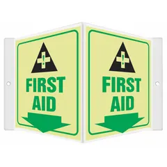 PETG V-shape projection first aid sign with mounting holes for secure installation. Glow-in-the-dark material provides visibility in low-light conditions. Nominal size 6 in x 8 1/2 in. Not retroreflective. Used to mark first aid stations or equipment.