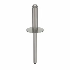 Large flange blind rivet with 0.122-inch diameter and 2 10/99-inch overall length. Body length is 51/64 inch, overall length 2 3/32 inch, plain finish. Supplied in a 100-pack. Used for fastening materials where access is limited to one side, with the large flange distributing load over a wider area.