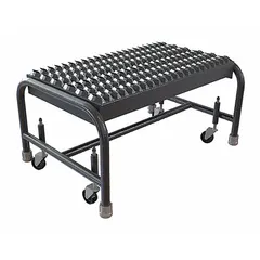 Single-step aluminum rolling stool with a 12-inch standing height and 350 lb load capacity. Features a rectangular silver platform and four swivel casters for mobility. Suitable for providing elevated access in industrial, warehouse, and maintenance environments.