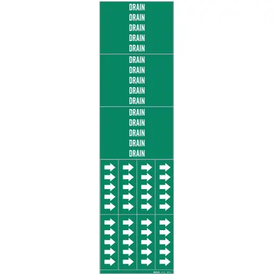 BRADY Pipe Marker: Drain, Green, White, Fits 3/4 in and Smaller Pipe O.D., 3 Pipe Markers - Drain Adhesive Pipe Markers