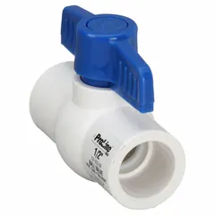 This PVC ball valve features a one-piece, straight body with socket x socket ends and a Tee handle for manual two-way flow control. Suitable for use in industrial piping systems handling water, chemicals, or air where corrosion resistance is required.