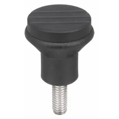 Pull knob with threaded stud for manual clamping, positioning, and adjustment on industrial machinery and fixtures. Plastic body with stainless steel thread provides corrosion resistance and comfortable grip for frequent hand-tightening in assembly, jig, and workholding applications. Diameter 25 mm, thread 1/4"-20, thread length 20 mm.