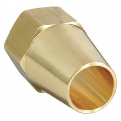 This brass flare tube fitting nut is designed for 3/4 in OD tubing and meets SAE J512 standards for 45-degree flared connections. Suitable for use in hydraulic, pneumatic, and fuel-line systems where secure flared joints are required. Supplied in a 10-pack.