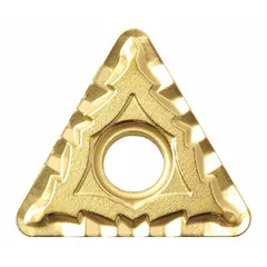 Triangle (T) indexable turning insert made of carbide. Type TNMG. Used for general turning, facing, and profiling operations on metal workpieces in industrial manufacturing.