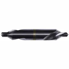This left-hand plain-tip center drill is used to create precise conical starting holes in workpieces for lathe centers or subsequent drilling operations. It is made from AlTiN coated high speed steel, with a #2/0 size, 60° angle, and 1 1/4 in overall length. The double-end design allows for extended tool life.