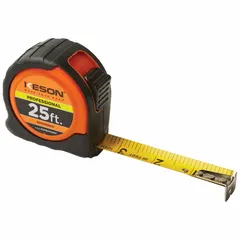 KESON PGPRO18M25V tape measure with 26 ft / 8 m length and 1/16 in graduations. Features a manual lock, finger brake, and a nonmagnetic single hook tip. High-visibility orange plastic body with rubberized grip. Blade displays both Metric and SAE markings. Suitable for linear measurement in construction, fabrication, and maintenance tasks.