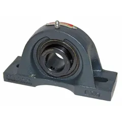 Cast iron pillow block ball bearing with set screw shaft mounting. Bore size 3 15/16 in, shaft height 5 in, mounting bolt size 1 in. Inch system. Supports rotating shafts in industrial machinery such as conveyors and fans, handling radial and light axial loads.
