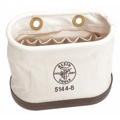 Canvas bucket bag in off-white with open top and 15 pockets. Measures 14 inches wide by 10 inches high. Suitable for organizing and carrying tools on job sites, providing quick access to frequently used items.