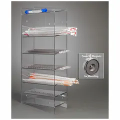 Wall-mounted pipette holder made of clear PETG for storing up to six serological pipettes. Overall height 24 5/8 in, length 11 in. Keeps pipettes organized and accessible in laboratory settings.
