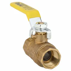 This brass ball valve features a straight body with female iron pipe (FIP) connections on both ends and a full port ball port for minimal flow restriction. The lever handle provides manual on/off control. Suitable for use in plumbing and industrial piping systems to start, stop, or redirect flow of water, oil, and gas.