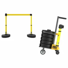 This replacement belt cassette is designed for crowd-control stanchion systems. It features a 15 ft retractable belt with a yellow housing and a 'Caution Do Not Enter' message. The belt width is 2 1/2 in and the overall height is 42 in. Suitable for managing pedestrian flow or directing traffic in commercial and industrial settings.