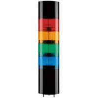 Four-tier tower light assembly with amber, blue, green, and red light tiers and an integrated sounder tier. Operates on 21.6 to 26.4 VDC. Provides visual and audible status indication for industrial machinery, process lines, and automated systems