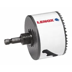 This LENOX bi-metal hole saw with attached arbor has a 3 in diameter, 4/5 teeth per inch, and a maximum cutting depth of 1-7/8 in. Designed for cutting through multi-material surfaces such as metal, wood, and plastic. Commonly used in electrical, plumbing, and HVAC installations for creating clean holes.