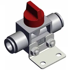 Manual air control valve with knob actuator for starting, stopping, or redirecting compressed air flow. Features 3 ports, 8 mm side-ported body, and red actuator. Suitable for panel-mount or tight-space pneumatic applications.