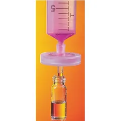 This non-sterile syringe filter features a glass microfiber membrane with 1.2 µm pore size and 1.4 mL max capacity. The polypropylene housing has a female Luer Lock inlet and male Luer Slip outlet. It is used for particulate removal and sample clarification in laboratory filtration of aqueous and organic solutions.