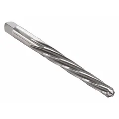 This spiral-flute taper pin reamer is designed for #3 taper pins, with a diameter range of 0.1875 in to 0.2294 in. The spiral flute geometry facilitates smooth cutting and efficient chip evacuation. It is used to precisely enlarge and finish tapered pin holes in metal assemblies, ensuring a tight fit.