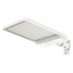 This LED fixture is designed for area illumination in commercial lots, roadways, and public spaces. It offers selectable lumen output of 13,500 lm, 18,000 lm, or 22,500 lm, with a 5000K color temperature. The fixture operates on 120 to 347V AC and features a white finish. Mounting options include pole, slipfitter, or knuckle mount for versatile installation.
