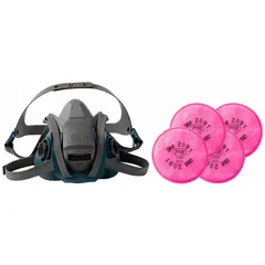 Silicone half-mask respirator in size S, supplied with four P100 filters. Provides respiratory protection against certain airborne particles in industrial environments such as machining, welding, and material handling.