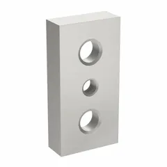 This non-adjustable drop-in base plate is designed for mounting threaded-stem feet and casters onto double extrusion profiles. Made of anodized aluminum with a 7/16"-14 center tap thread, it measures 3 in x 1 1/2 in x 3/4 in. Fasteners are not included. Typical applications include industrial framing, workstations, and conveyor systems.