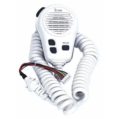White speaker microphone compatible with ICOM M424G series radios. Features a 17-inch cord, Molex connector, push-to-talk button, and IPX7 waterproof rating. Suitable for marine communication in wet environments.